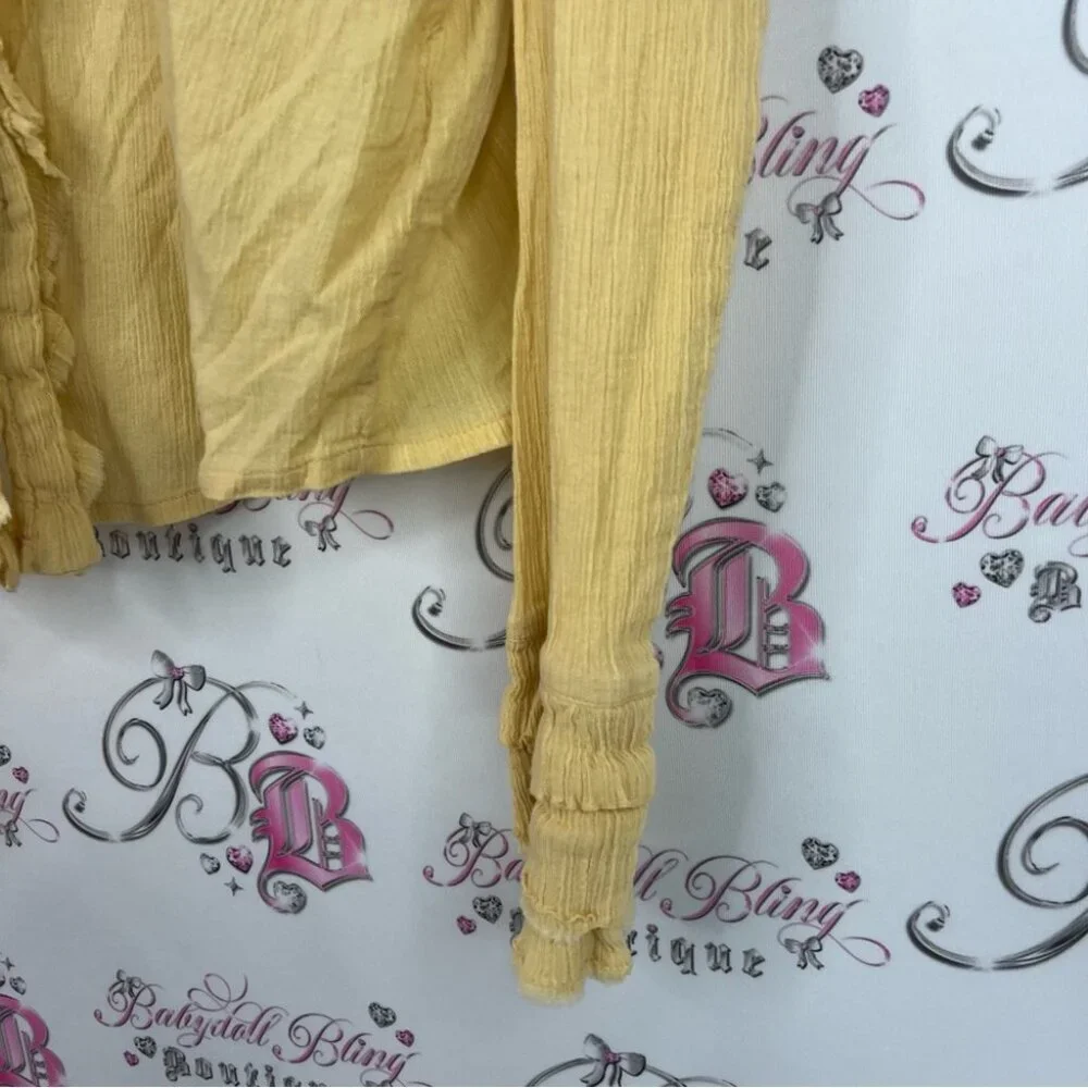 Per Una button up ruffles long sleeve flare sleeve Mustard Ruffled Blouse
